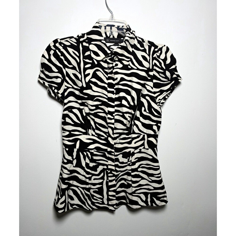 INC International Concepts Women 6 Black/White Zebra Silk Collared Button Blouse